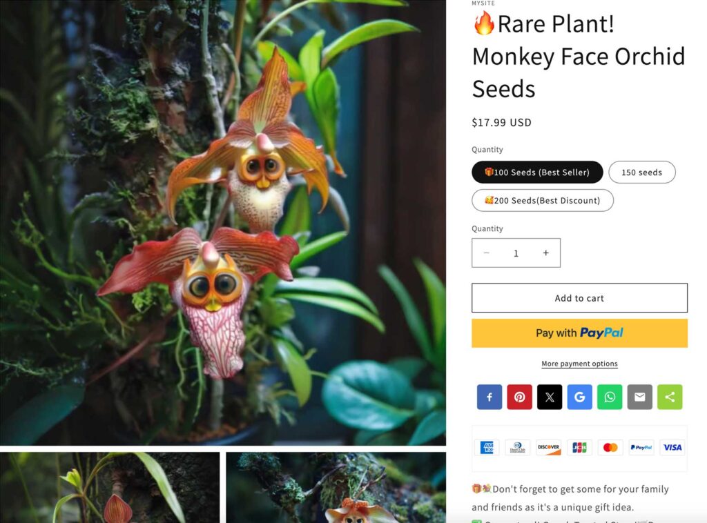 Capture d’écran d’un site web vendant de fausses graines d’orchidées générées par IA.