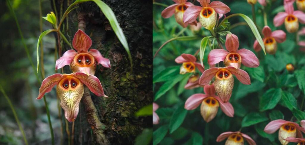 Image IA représentant une orchidée dont les pétales rappellent des hiboux, exemple d’anomalie visuelle.
