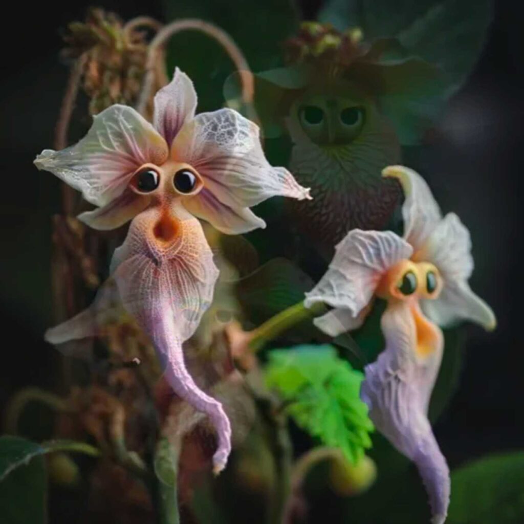 Image générée par IA d’une orchidée fantaisiste ressemblant à un poisson ou un cheval de mer.