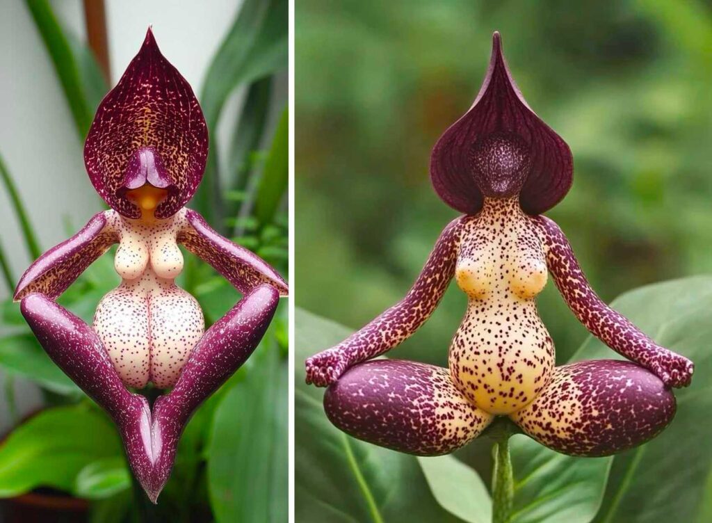 Image générée par IA représentant une orchidée en position de yoga, dans un style surréaliste.