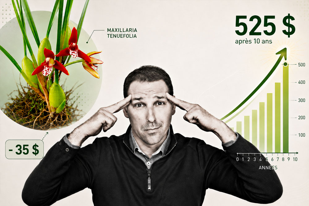 Maxillaria tenuifolia comparée à un investissement de 35 $ devenu 525 $ après 10 ans